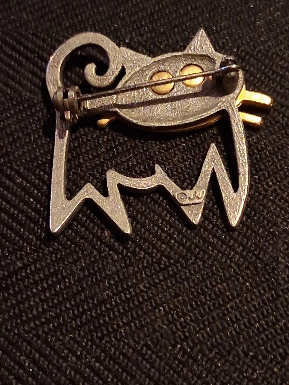 Gold and Silver Cat Pin Brooch with Green Gem Eyes Pet Lover Accessory Marked JJ